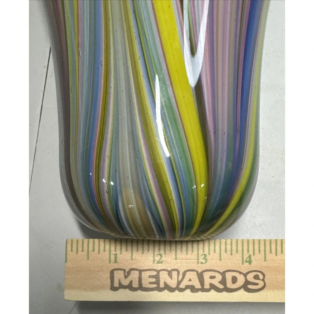 Hand Blown Rainbow Striped Art Glass Vase Tall Hourglass Multicolor 18.5 Inch